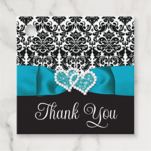 Turquoise, Black Damask Love Hearts Wedding Favour Tags