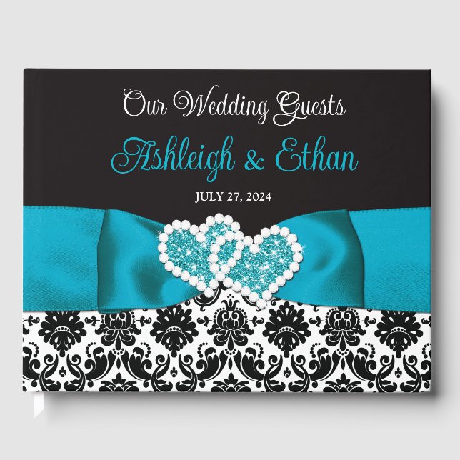 Turquoise, Black Damask Love Hearts Wedding Guest Book (Front)