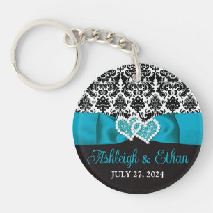 Turquoise, Black Damask Love Hearts Wedding Key Ring