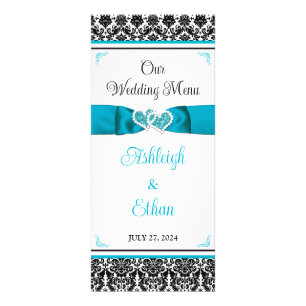 Turquoise, Black Damask Love Hearts Wedding Menu