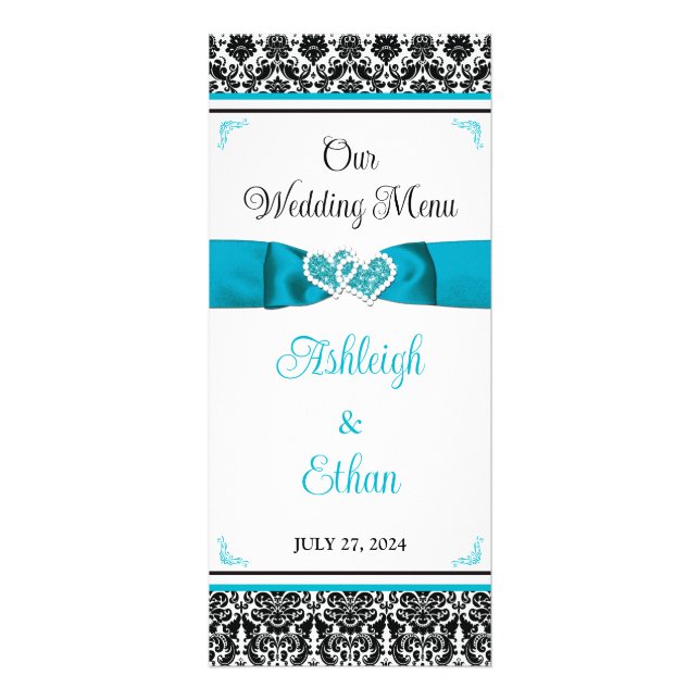 Turquoise, Black Damask Love Hearts Wedding Menu (Front)