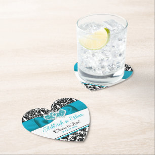 Turquoise, Black Damask Love Hearts Wedding Paper Coaster