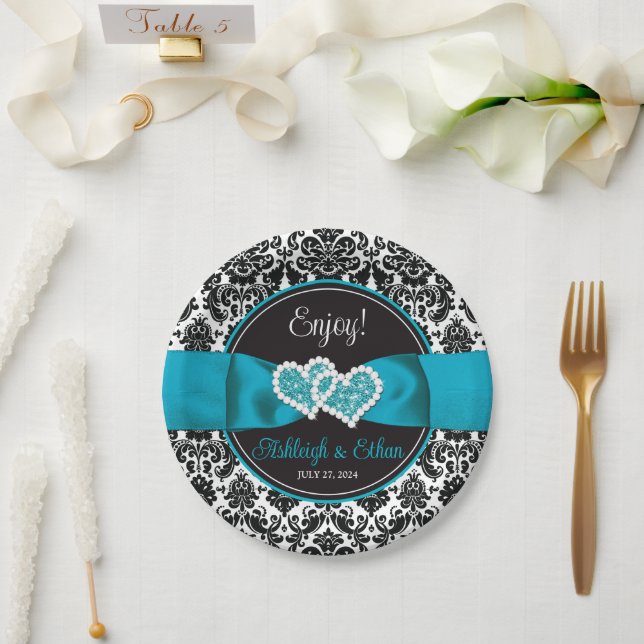Turquoise, Black Damask Love Hearts Wedding Paper Plate (Wedding)