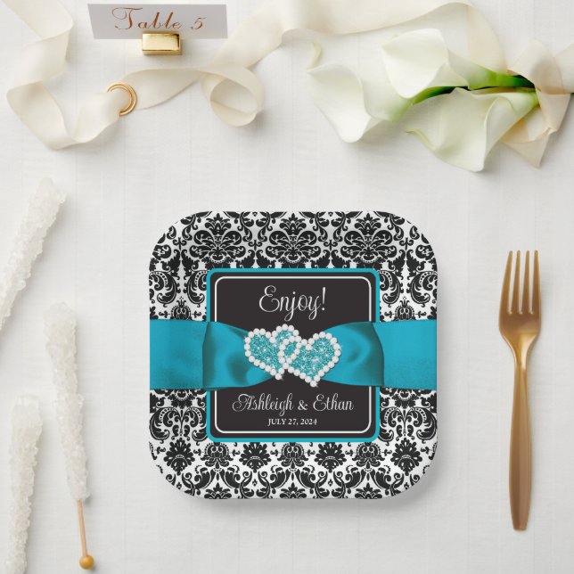 Turquoise, Black Damask Love Hearts Wedding Paper Plate (Wedding)