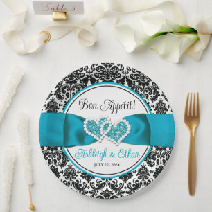 Turquoise, Black Damask Love Hearts Wedding Paper Plate