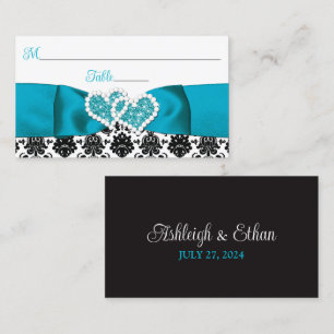 Turquoise, Black Damask Love Hearts Wedding Place Card
