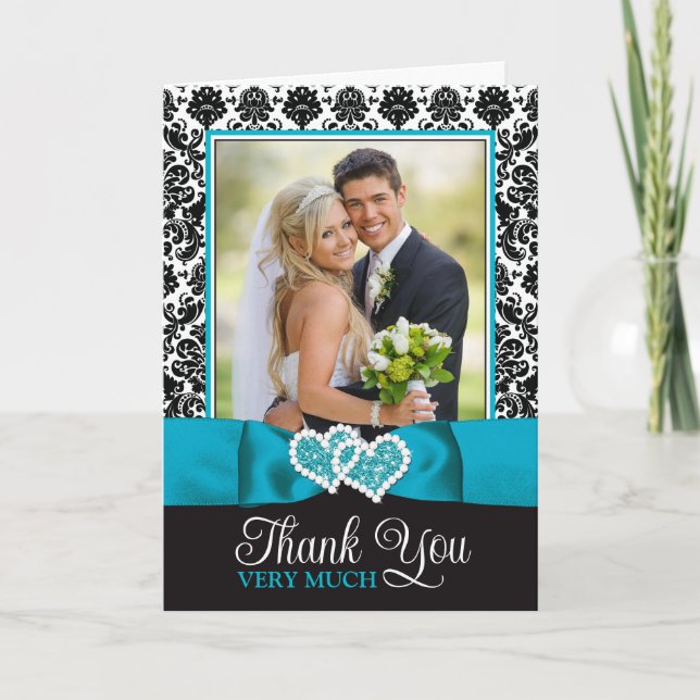 Turquoise, Black Damask Love Hearts Wedding Thank You Card (Front)