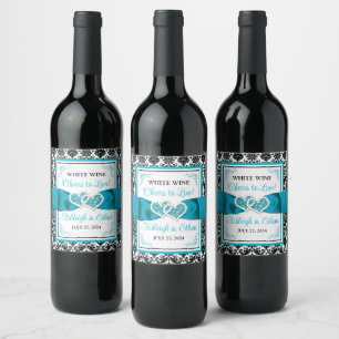 Turquoise, Black Damask Love Hearts Wedding Wine Label