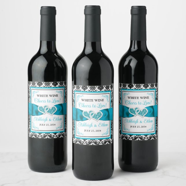Turquoise, Black Damask Love Hearts Wedding Wine Label (Bottles)