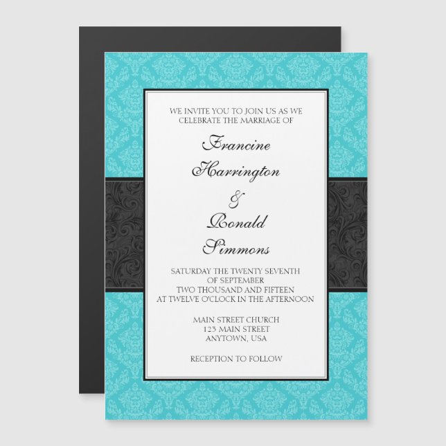 Turquoise Black Damask Magnetic Wedding Invites (Front/Back)
