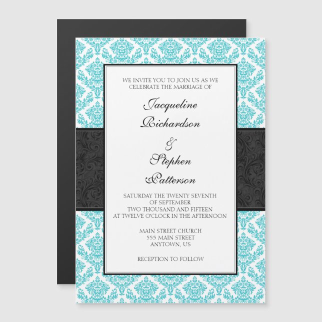 Turquoise Black Damask Magnetic Wedding Invites (Front/Back)