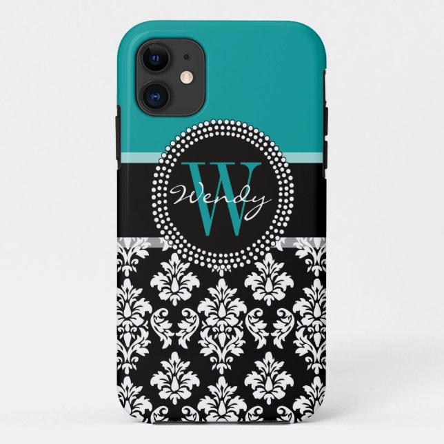 Turquoise, Black Damask Pattern Initial Name Case-Mate iPhone Case (Back)