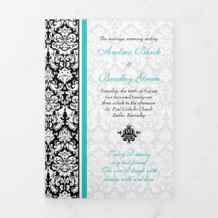 Turquoise Black Damask Tri-Fold Wedding Program Programme