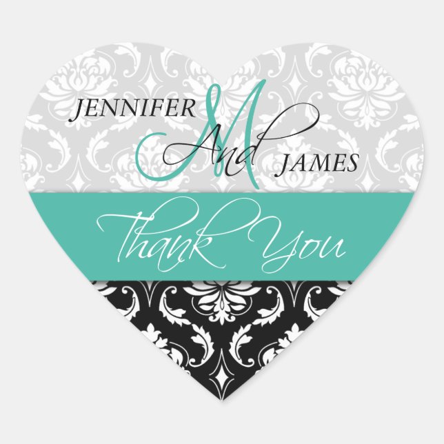 Turquoise Black Damask Wedding Favour Heart Sticke Heart Sticker (Front)