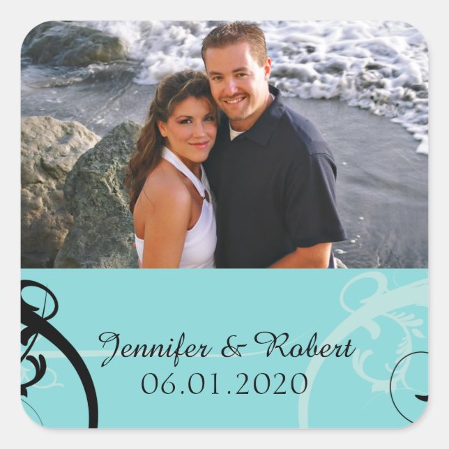 Turquoise Black Flourish Wedding Favour Sticker (Front)