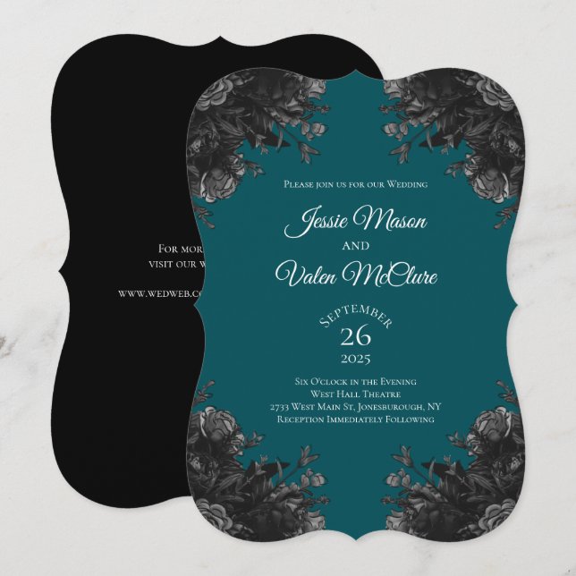 Turquoise Black Grey Roses Gothic Elegant Wedding Invitation (Front/Back)
