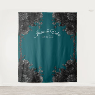 Turquoise Black Grey Roses Gothic Photo Backdrop Tapestry