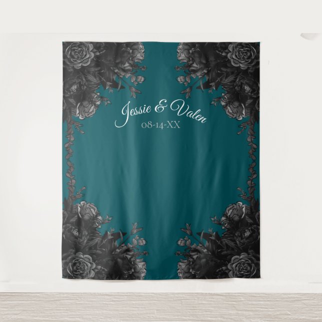 Turquoise Black Grey Roses Gothic Photo Backdrop Tapestry (Front)