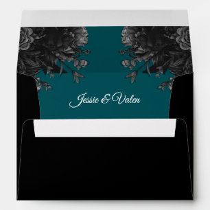 Turquoise Black Grey Roses Gothic Wedding Envelope