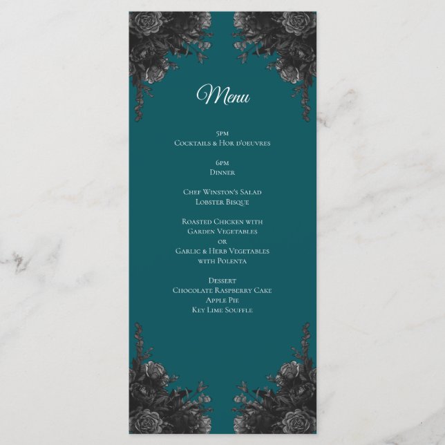 Turquoise Black Grey Roses Gothic Wedding Menu (Front)