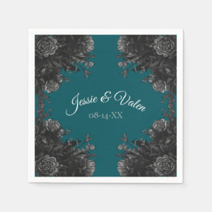 Turquoise Black Grey Roses Gothic Wedding Napkin