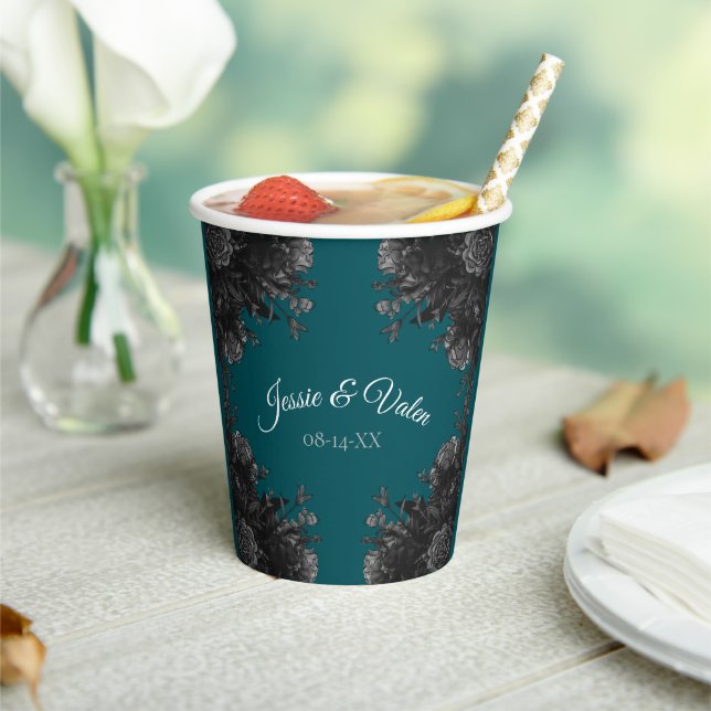 Turquoise Black Grey Roses Gothic Wedding Paper Cups (Insitu)
