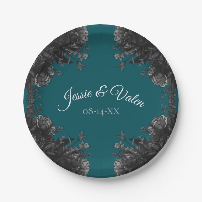 Turquoise Black Grey Roses Gothic Wedding Paper Plate (Front)