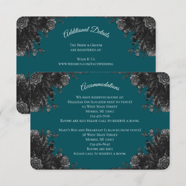 Turquoise Black Grey Roses Gothic Wedding Reply Enclosure Card (Front/Back)