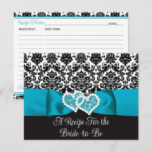 Turquoise, Black Love Hearts Bridal Recipe Card