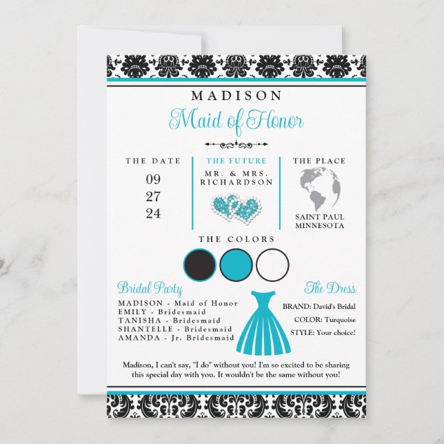 Turquoise, Black Love Hearts Bridesmaid Info Card (Front)