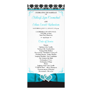 Turquoise, Black Love Hearts Wedding Program Rack Card