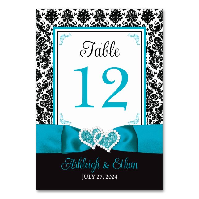 Turquoise, Black Love Hearts Wedding Table Number (Front)