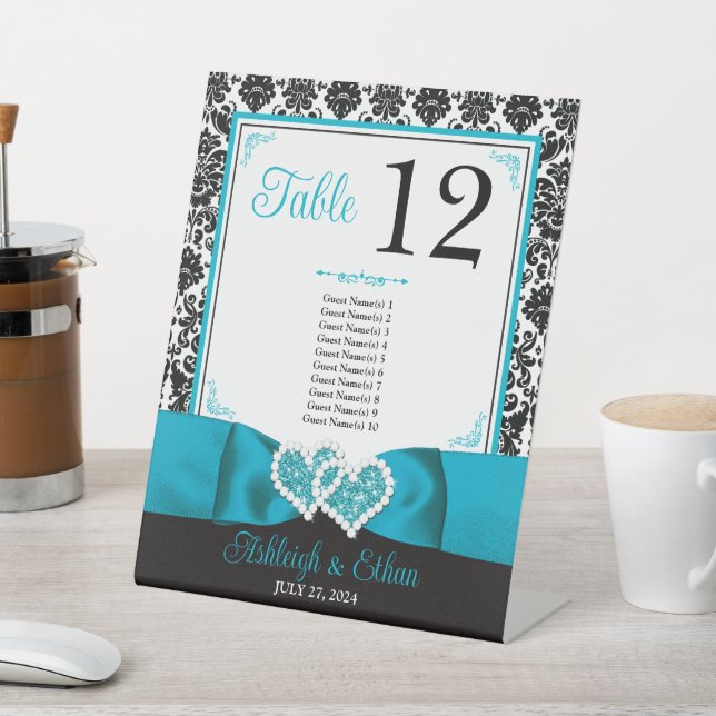 Turquoise, Black Love Hearts Wedding Table Number Pedestal Sign (In SItu)