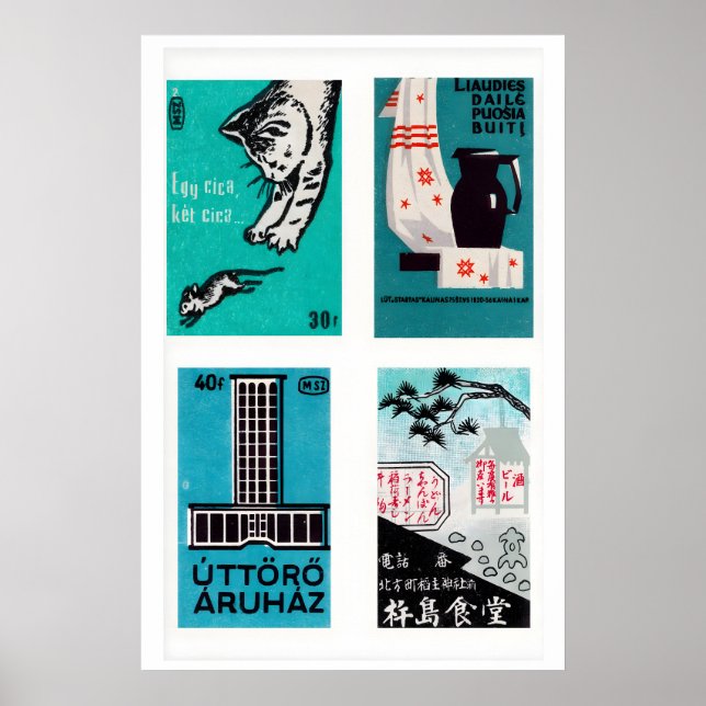 Turquoise & Black Matchbox Labels Grid Print (Front)