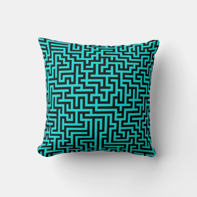 Turquoise Black Maze Lines Cushion (Front)
