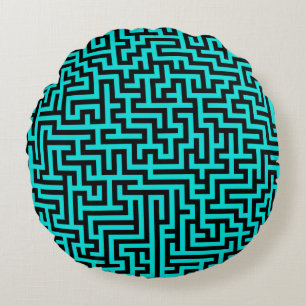 Turquoise Black Maze Lines Round Cushion