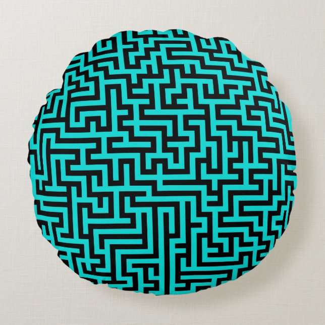 Turquoise Black Maze Lines Round Cushion (Front)