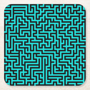 Turquoise Black Maze Lines Square Paper Coaster