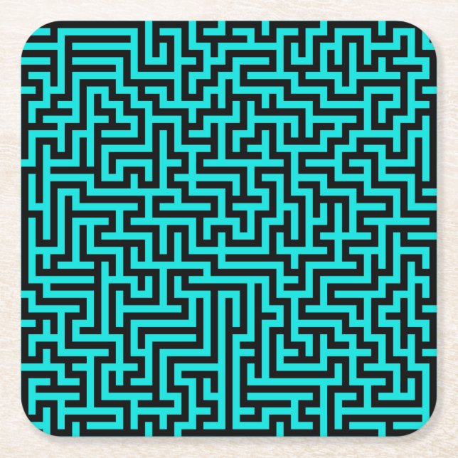 Turquoise Black Maze Lines Square Paper Coaster (Front)