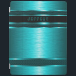 Turquoise & Black Metallic Brushed Aluminium Look iPad Cover<br><div class="desc">Black and turquoise metallic design brushed aluminium look pattern. Custom and optional monogram. Design is available on other products and can be requested on any product we offer at. This is not a metal but image that looks metallic.</div>