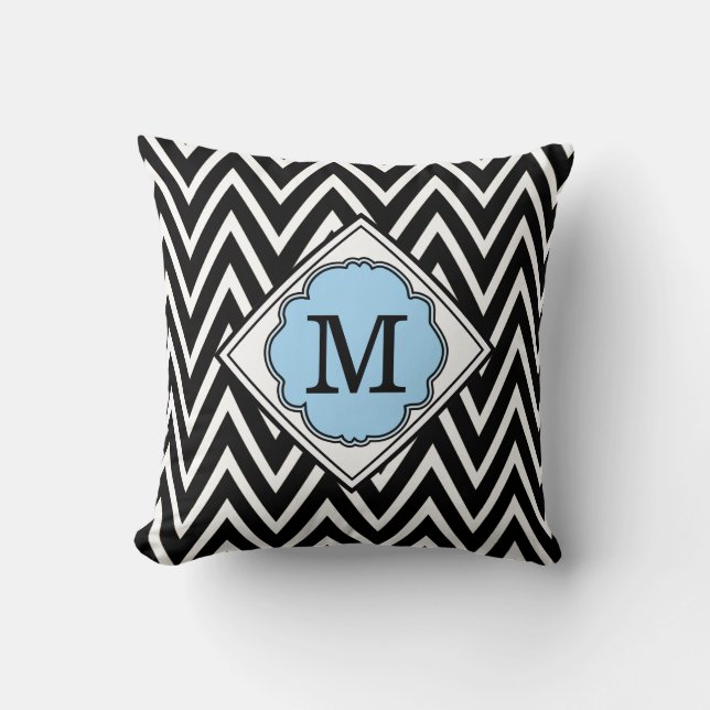 Turquoise & Black Monogram Chevron Pattern Pillow (Front)