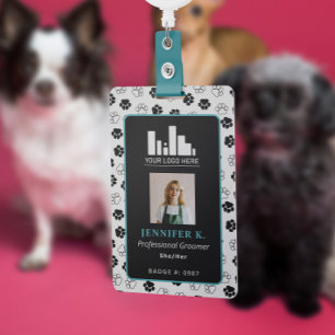 Turquoise Black Paw Print & Logo Dog Groomer ID ID Badge