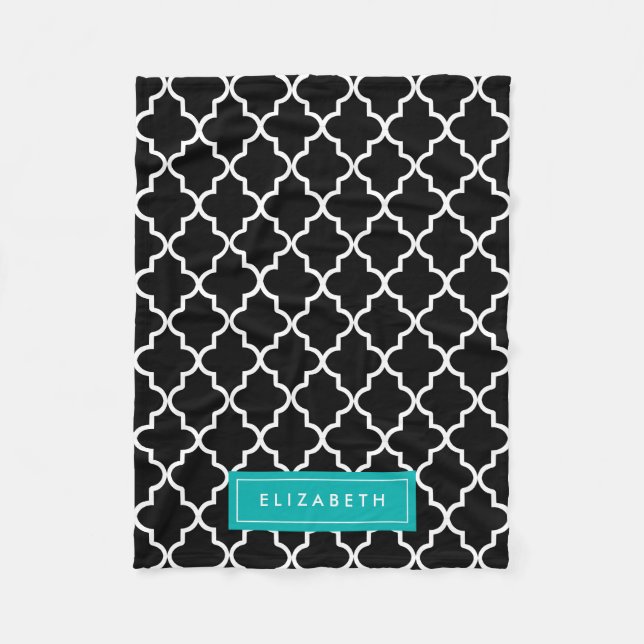 Turquoise & Black Quatrefoil | Fleece Blanket (Front)