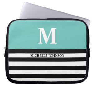 Turquoise Black Striped Laptop Case for Women