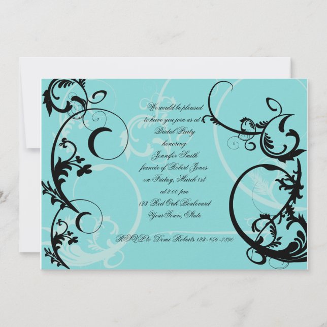 Turquoise Black Swirl Bridal Shower Invitation (Front)