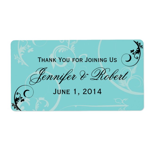 Turquoise Black Swirl Flourish Water Bottle Label (Front)