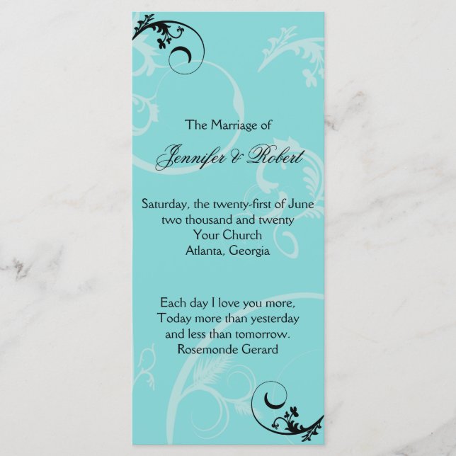 Turquoise Black Swirl Flourish Wedding Program Programme (Front)