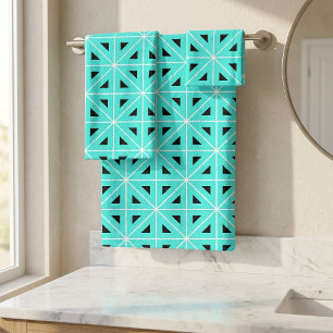 Turquoise Black & White Chic Geometric Pattern Bath Towel Set