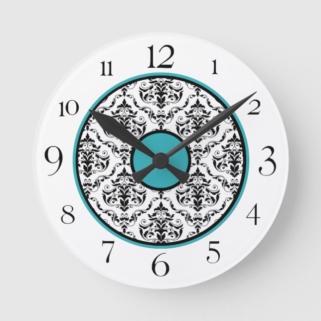 Turquoise Black & White Damask Elegant Round Clock (Front)
