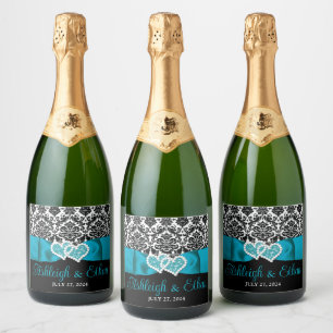 Turquoise, Black, White Damask Love Hearts Wedding Sparkling Wine Label